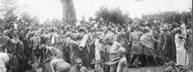 Photograph of a crowd of people, mainly women, wrapped in cloths. In the foreground different goods e.g. bananas and bags are visible. In the background a huge tree can be seen.